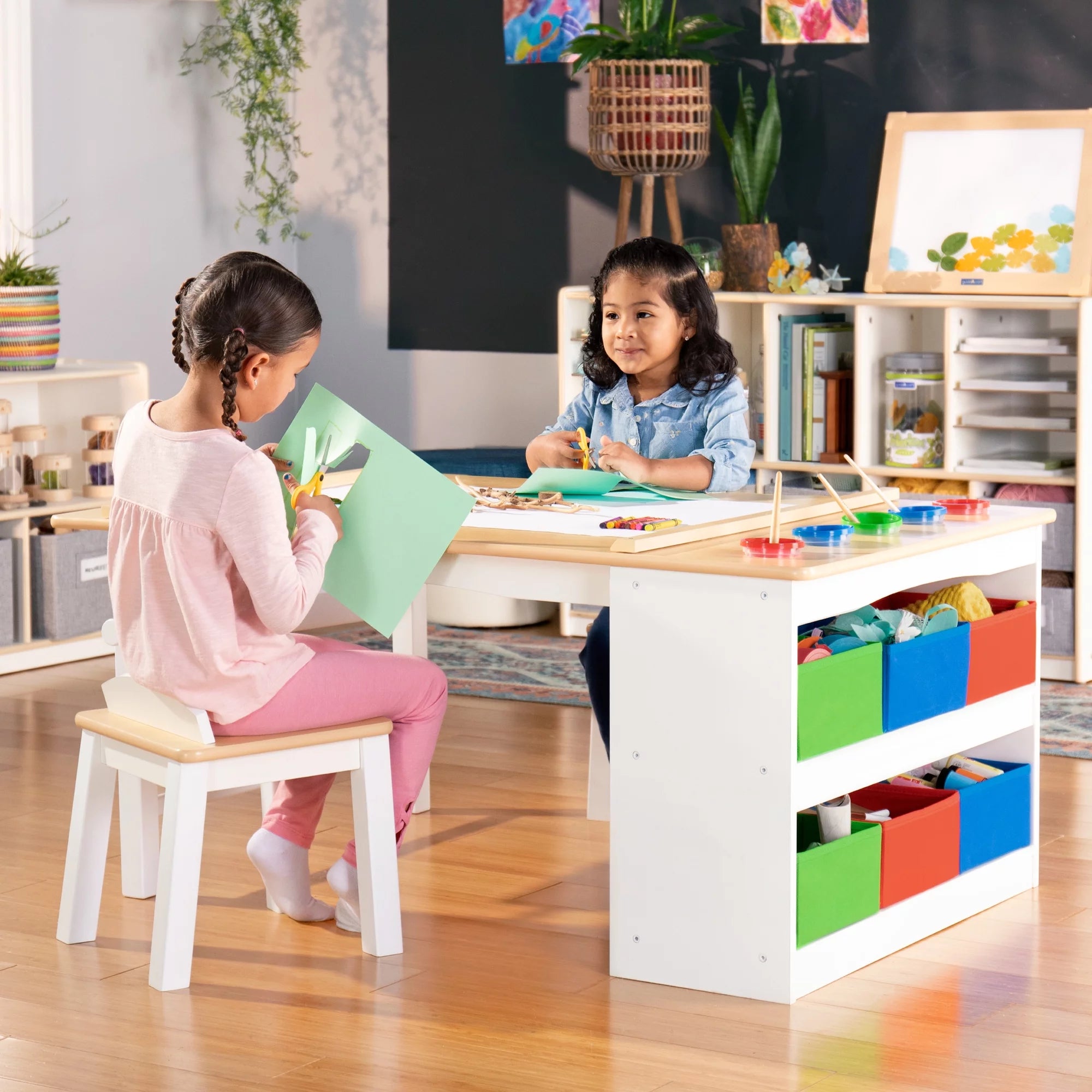 Kids Activity Table and Drawing Desk with Stools, Storage Canvas Bins, Paper Roller, and Paint Cups R2713