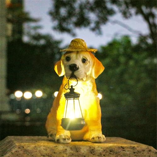 Resin Dog Statues with Straw Hat and Solar Led Lantern E69371
