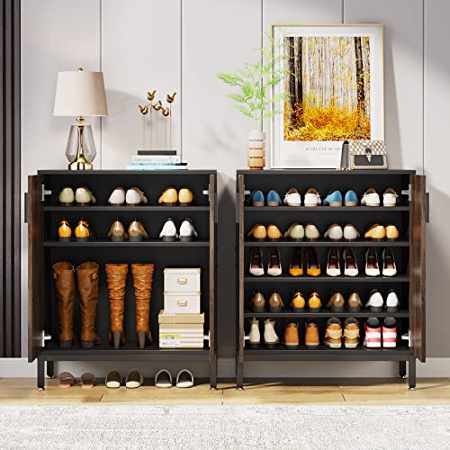 Shoe Cabinet with Doors, 20 Pairs Storage Organizer (Brown/Black) W16487