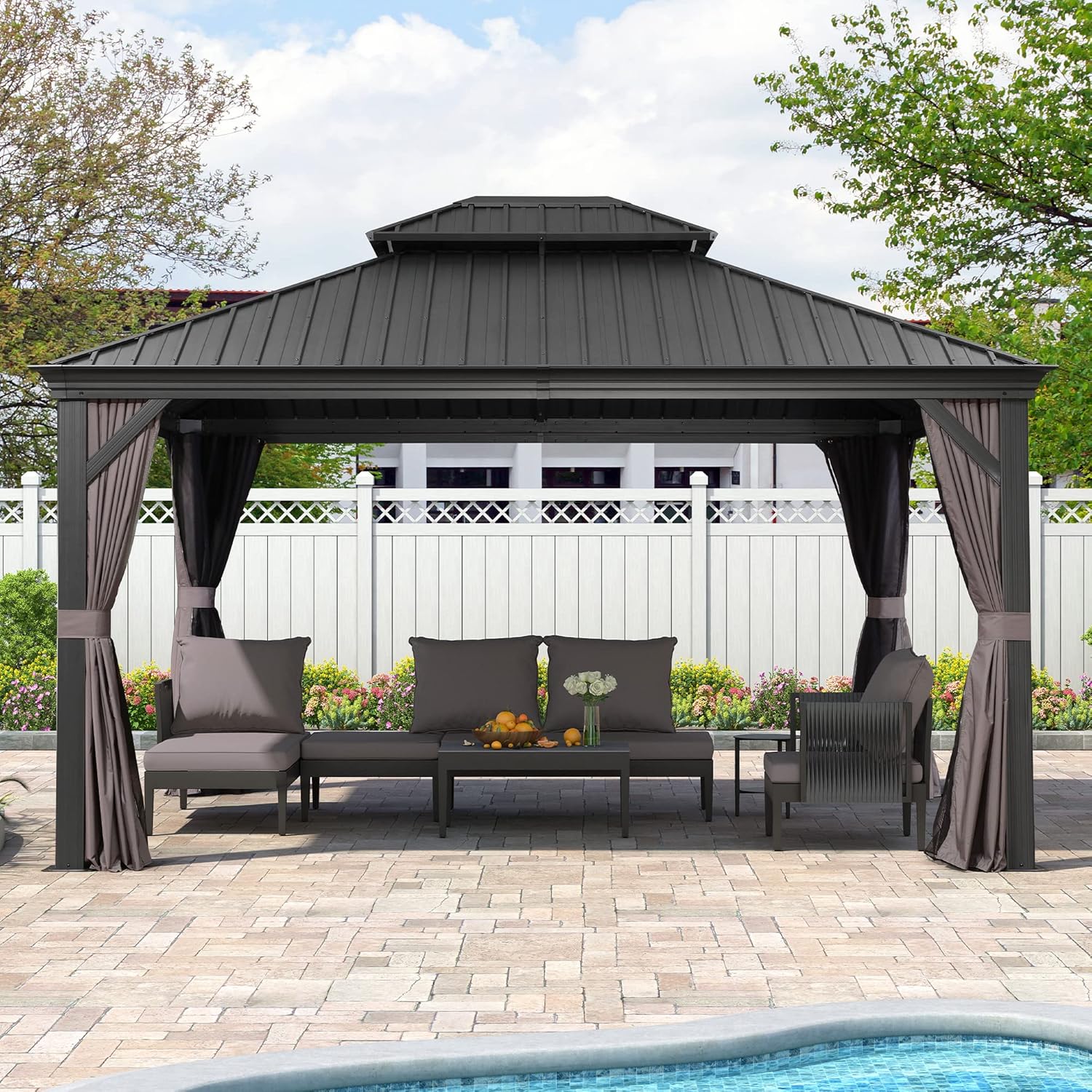 12' X 14' Grey Aluminum Hardtop Gazebo V4205