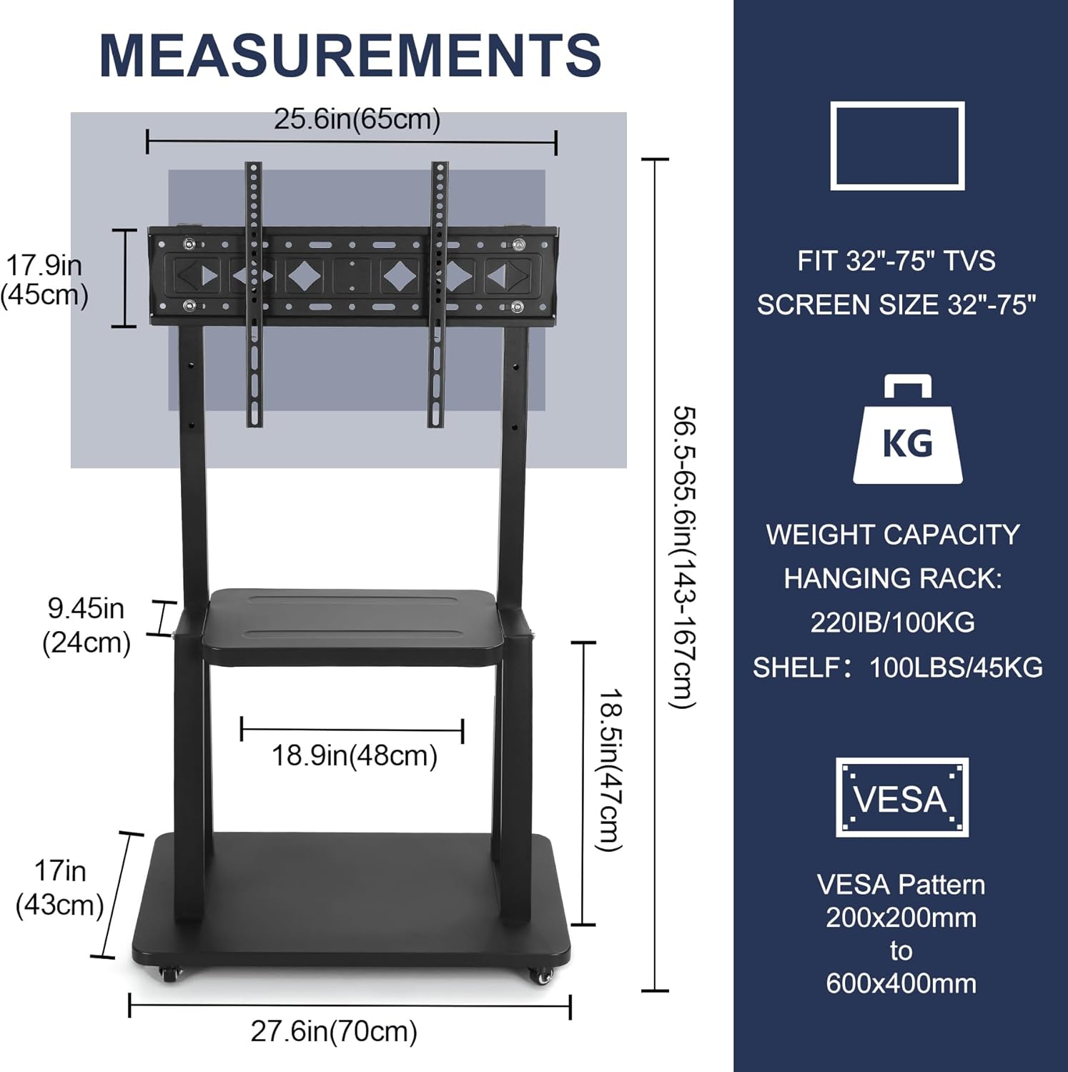 Mobile TV Cart Rolling Floor Stand for 32-75 Inch LCD LED OLED Flat Panel Screens with Shelf W5491