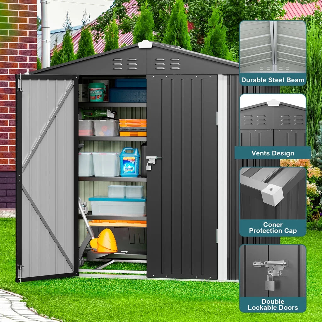 Gray 8' x 6' Outdoor Storage Shed with Metal Base Frame W411