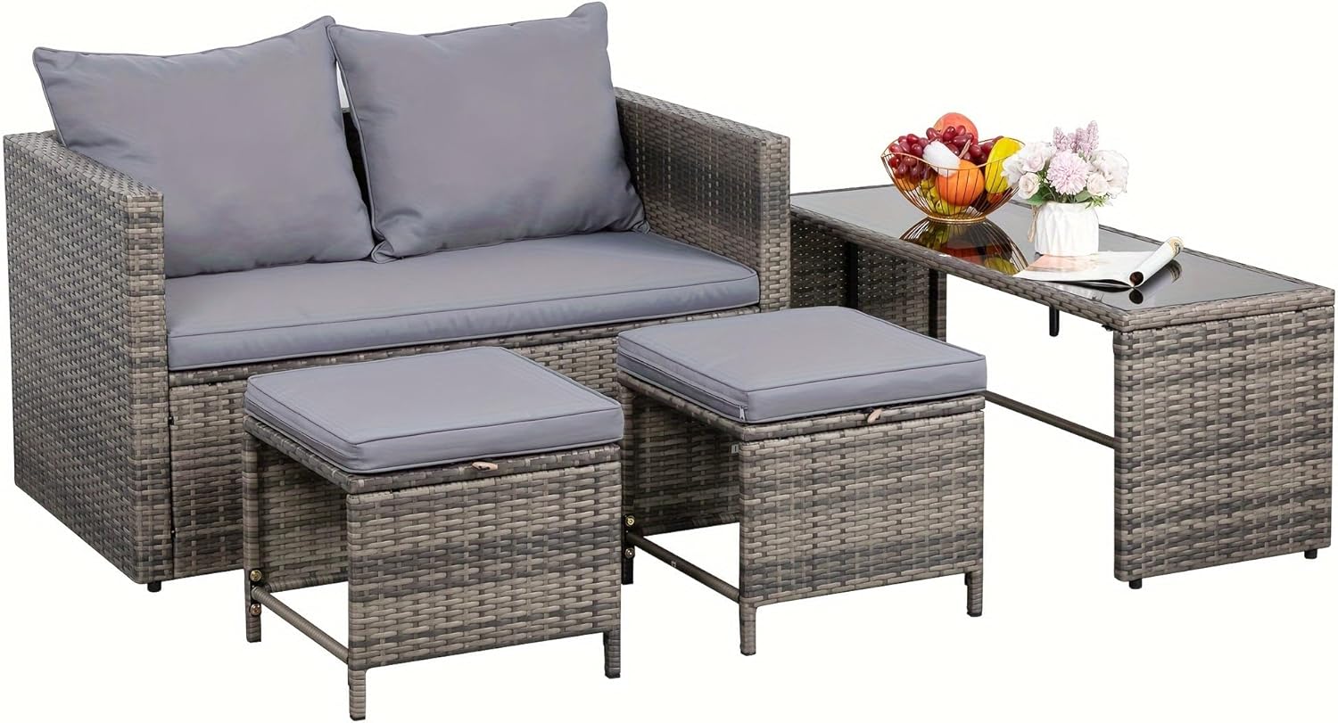 4 Piece Patio Furniture Set Outdoor Wicker Rattan Sectional Sofa with Cushions Q2612