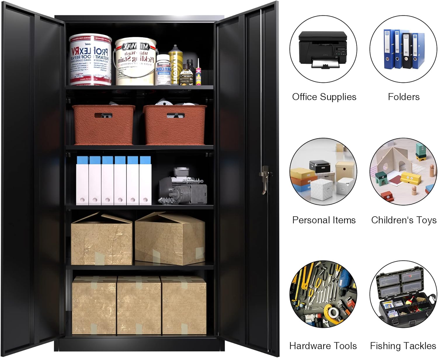 Black 71" Lockable Metal Storage Cabinet with Doors and Shelves W913