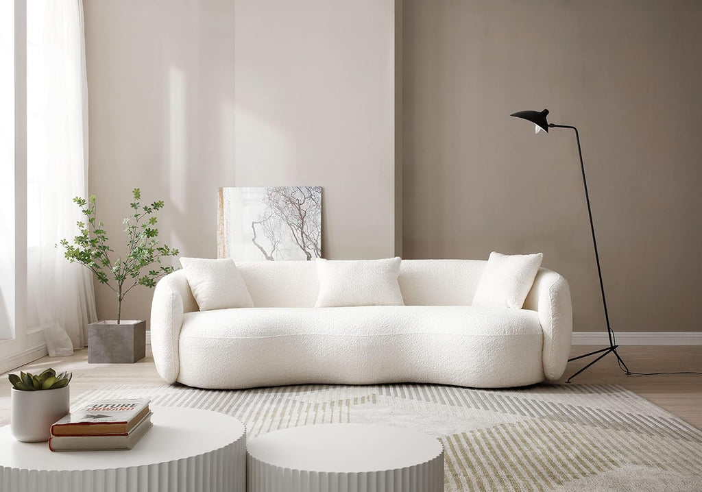 Beige Boucle Upholstered 4-Seat Curved Sofa with 3 Throw Pillows N45670