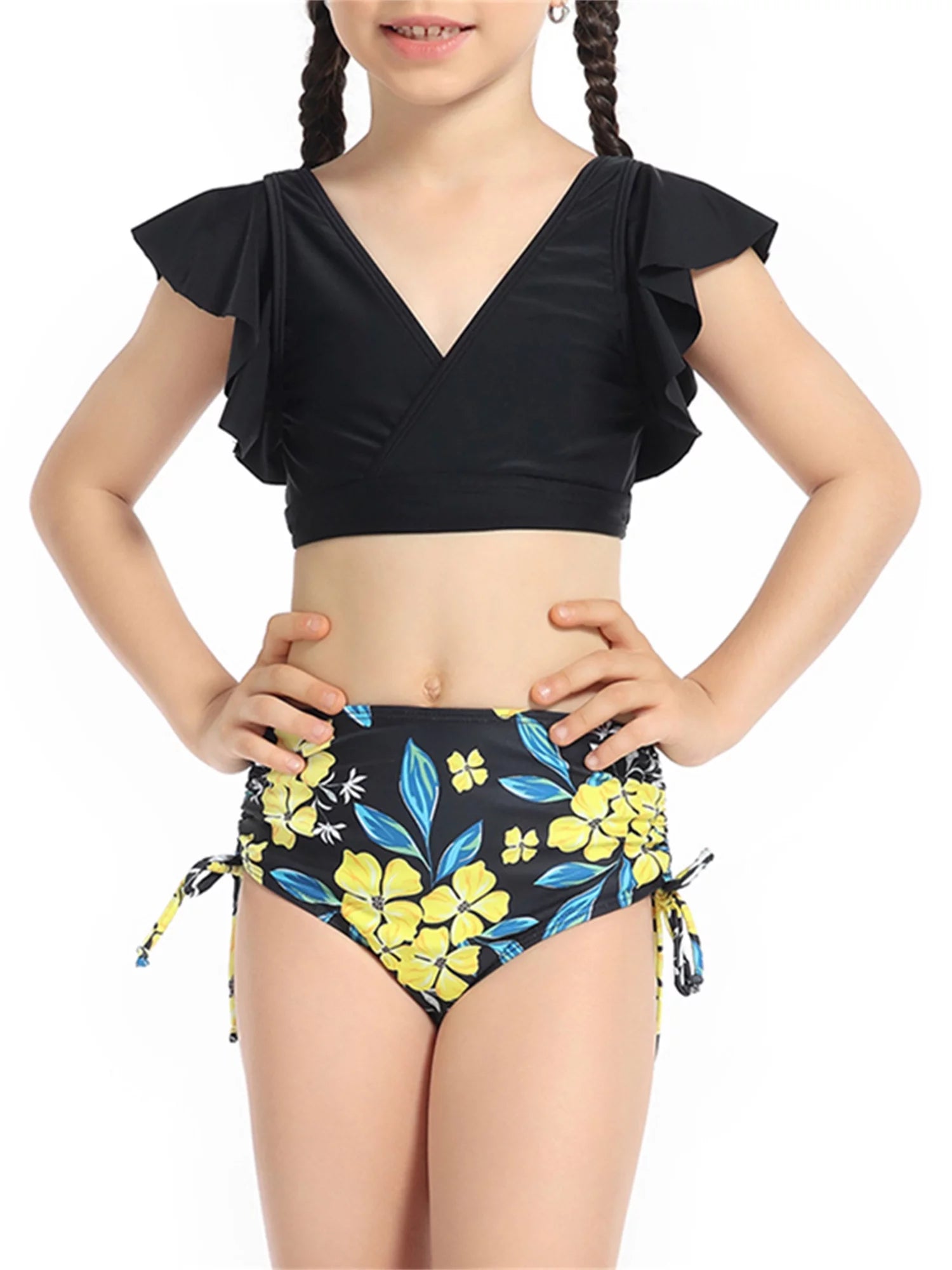 2 Piece Bikinis Set Print Fly Sleeve Tops Briefs Swimwear V774