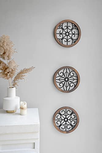3 Pack Rustic Round Wall Art Geometric Scrolled Metal with Wooden Frame J61694