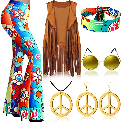 7 Pcs Hippie Costume Set with Flared Pants Fringe Vest Peace Sign Accessories W832630