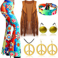 7 Pcs Hippie Costume Set with Flared Pants Fringe Vest Peace Sign Accessories W832630