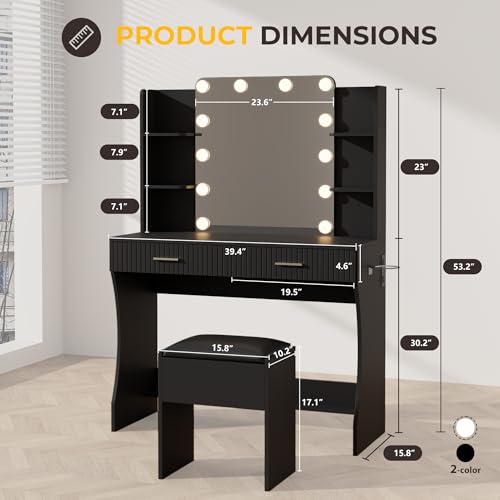 White Vanity Desk with LED Mirror and 2 Drawers P4118