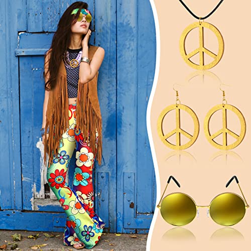 7 Pcs Hippie Costume Set with Flared Pants Fringe Vest Peace Sign Accessories W832630