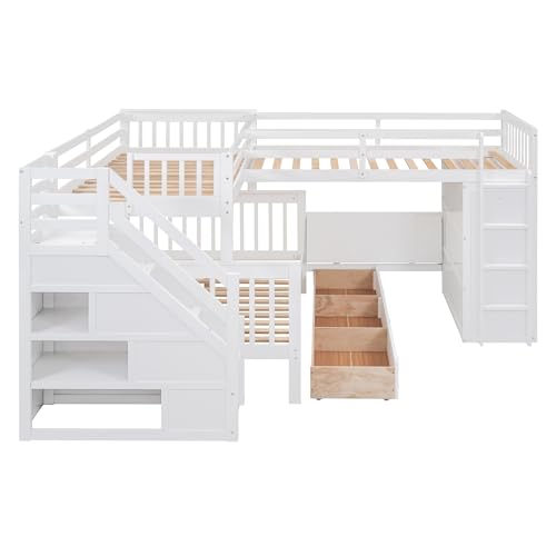 Espresso Wood Twin-Over-Full Triple Bunk Beds with Stairs, Desk, Wardrobe, Storage, Shelves and Drawers Z821