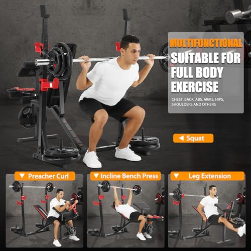 Heavy Duty Adjustable Weight Bench Set with Barbell and Squat Rack F936632
