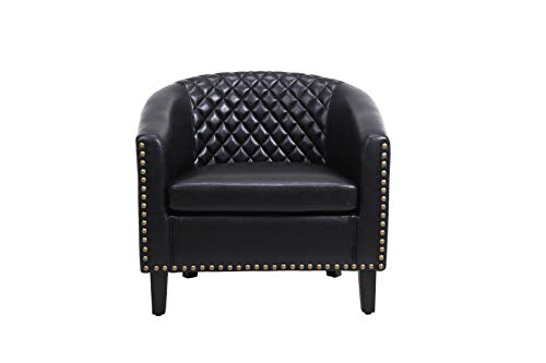 Black Leather Barrel Chair with Nail Head and Wood Legs H1717