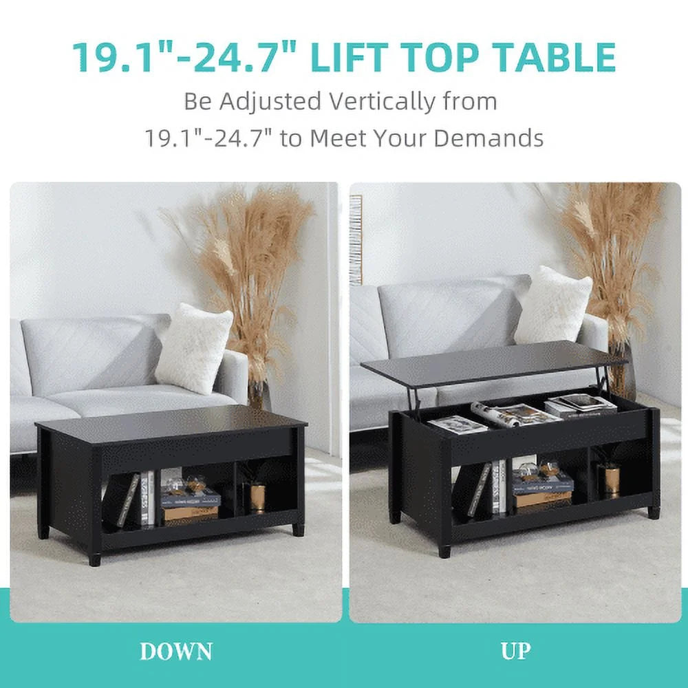 Black Lift Top Coffee Table with Storage Compartment and Open Shelves L24619