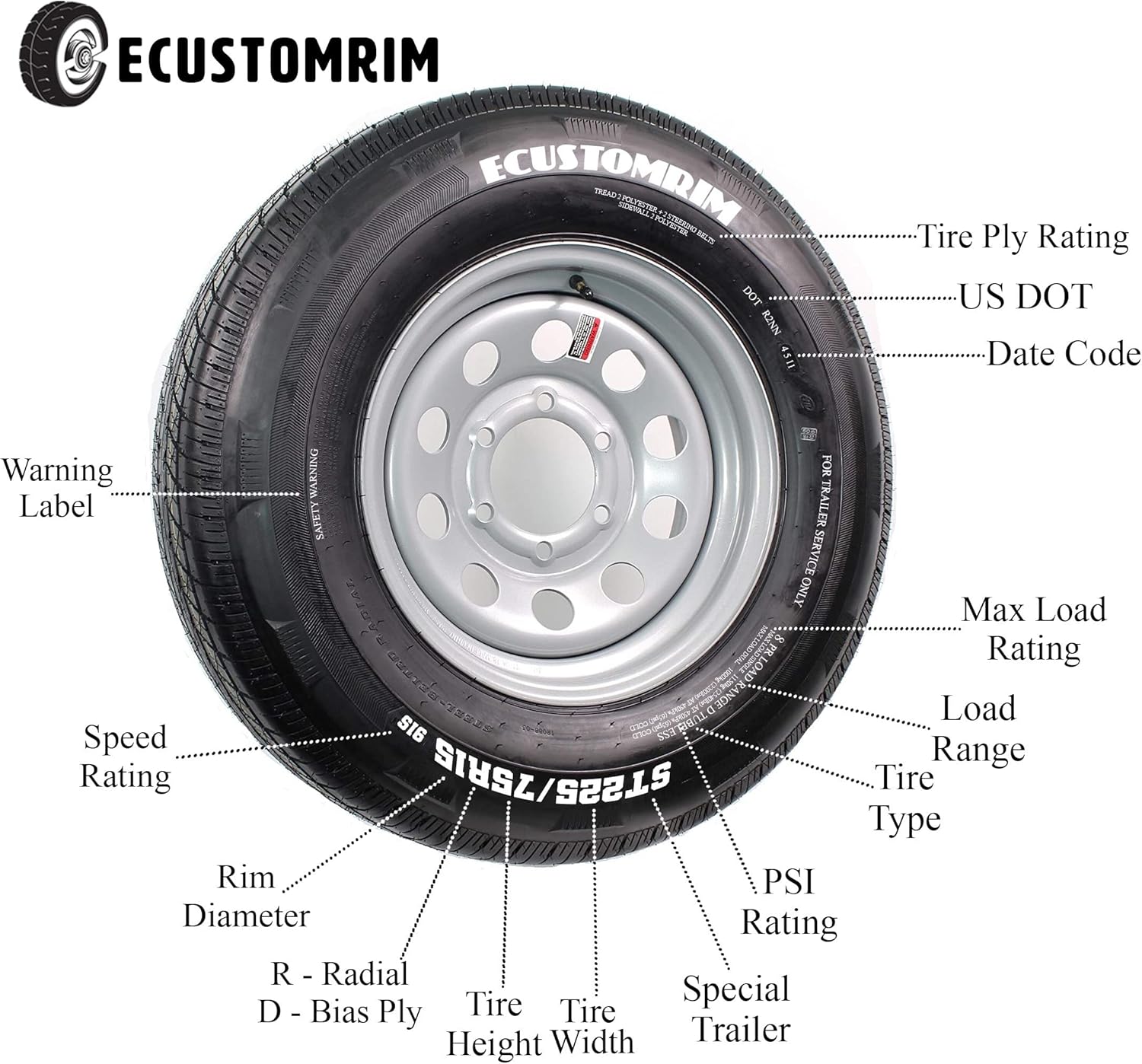 4-Pack ST205/75R15 Steel Belted Radial Trailer Tire Load Range C 1820# 205/75 R 15 Tire K841299