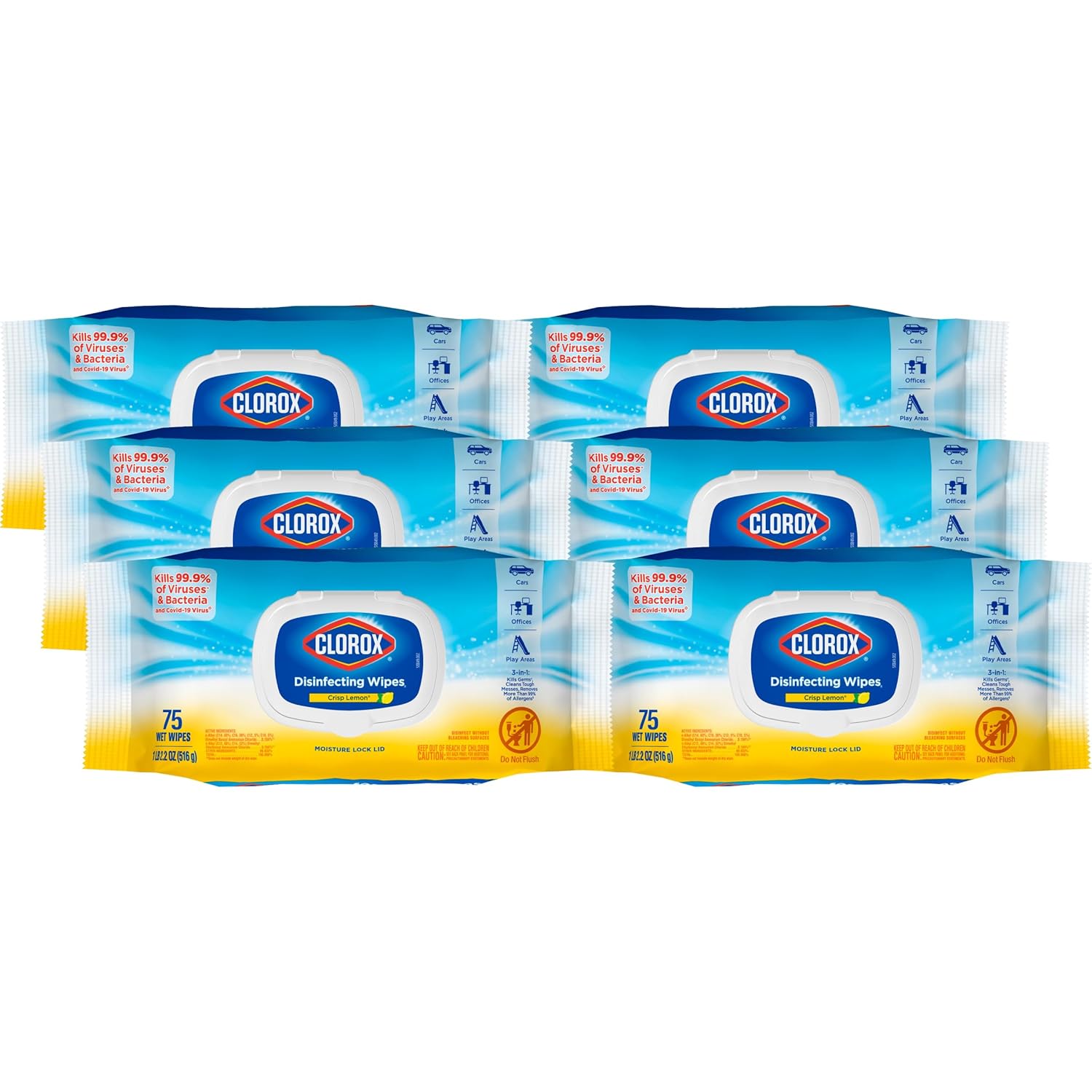 Disinfecting Wipes, Lemon Scent, 75 Ct, Pack of 6 R7696