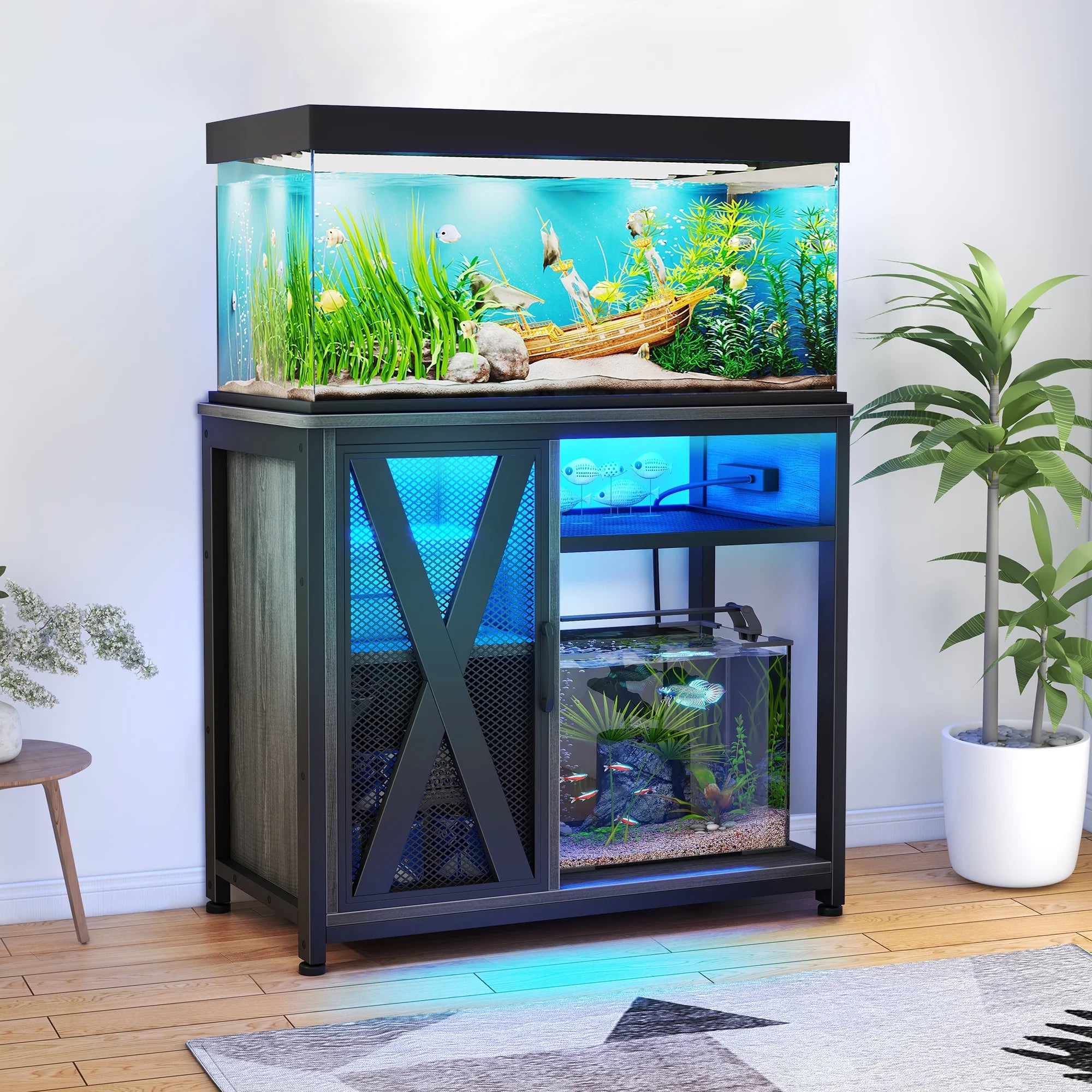 Gray & Black Metal Fish Tank Stand with Cabinet W41491