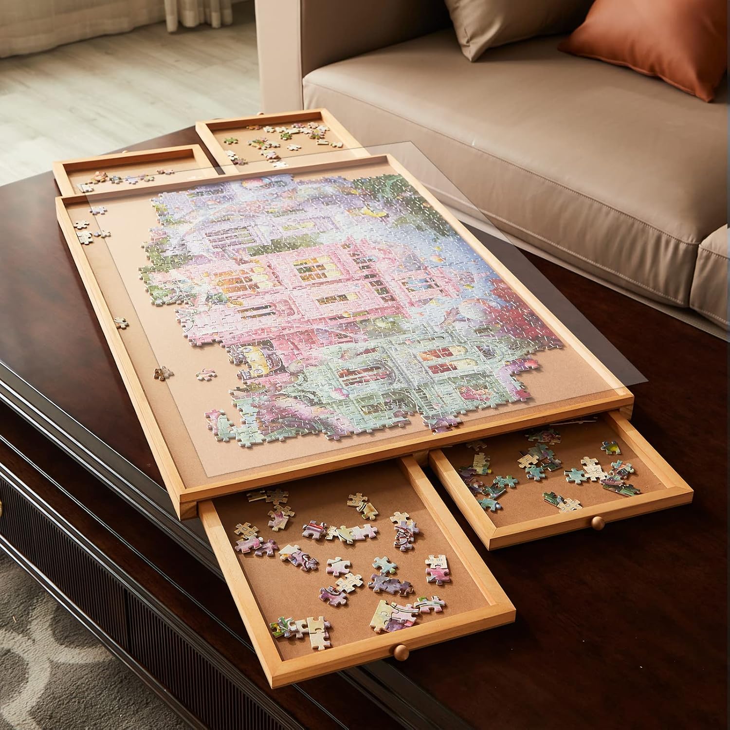 Wooden Puzzle Table with Drawer, Smooth Fiberboard, Holds 1000 Pieces J203
