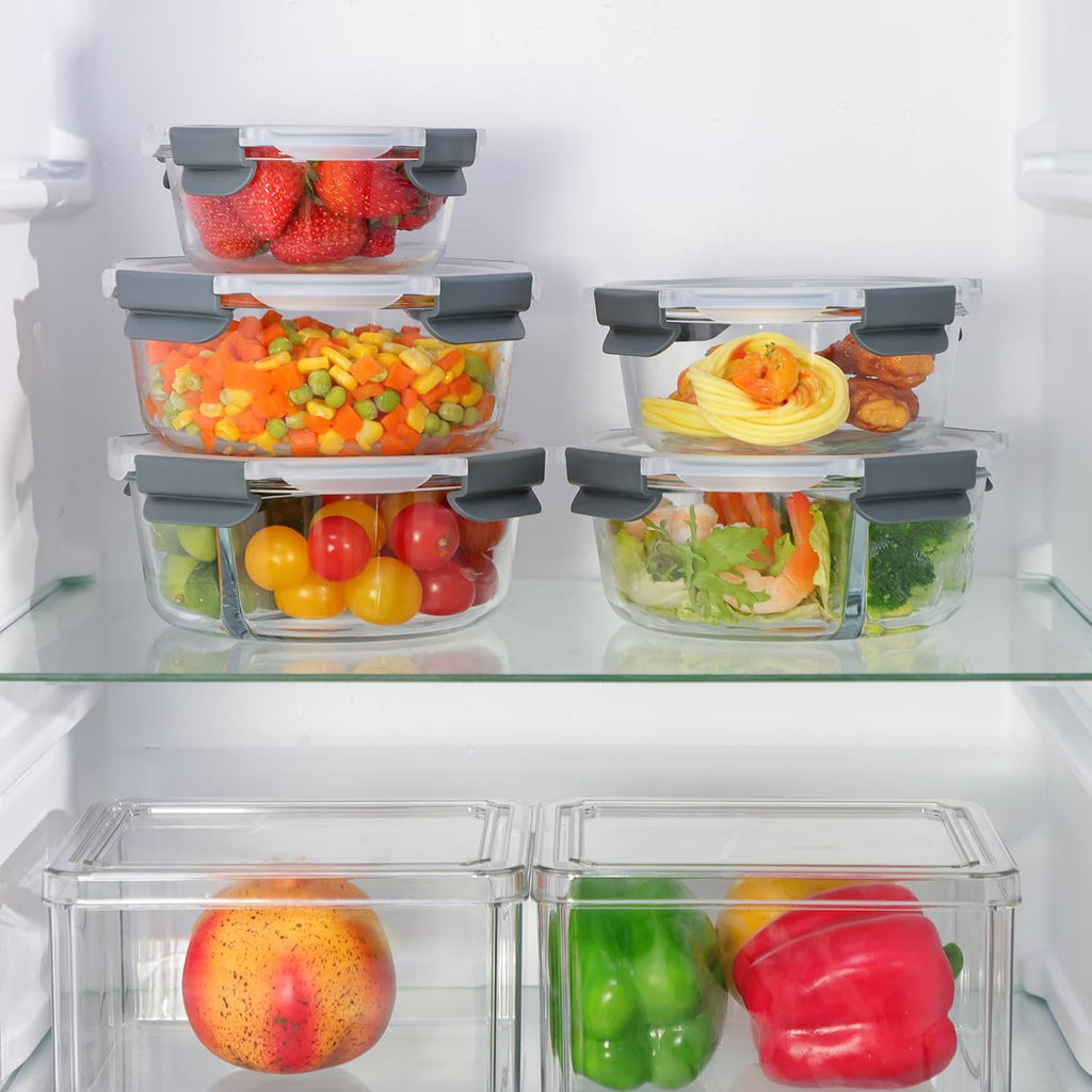 10pc Glass Food Storage Container with Lid, Gray Round Glass Meal Prep Containers D9281