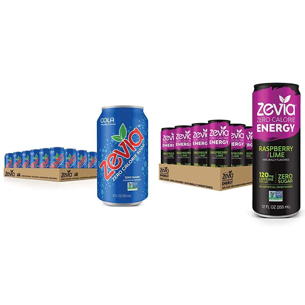 Zero Calorie Soda Cola 12 Ounce Cans Pack of 24 and Zero Calorie Energy Drink Raspberry Lime 12 Ounce Cans Pack of 12 O965717
