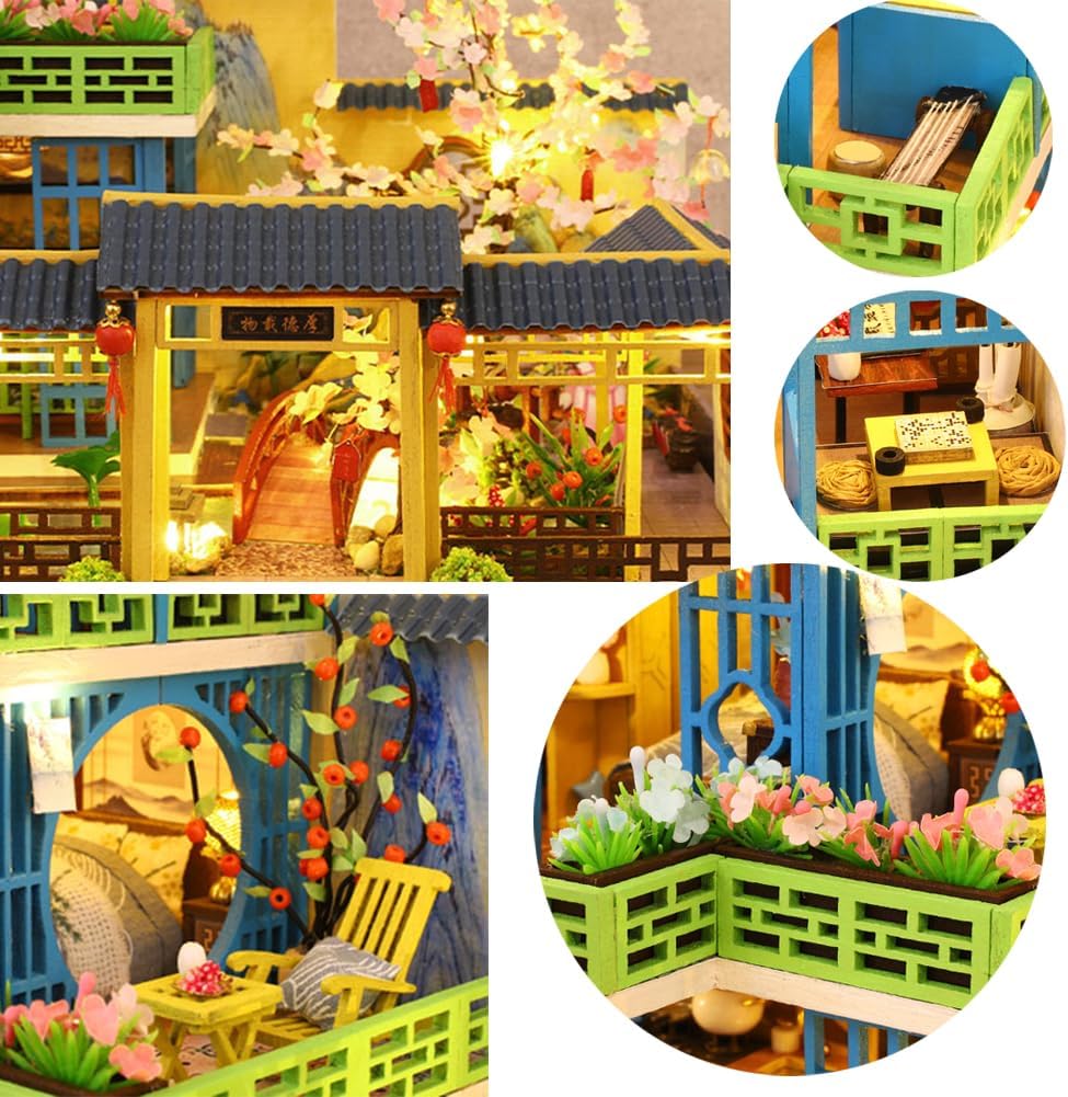 Miniature Three-Storey Villa Dolls House, Wooden Furniture, DIY Dollhouse Kit with LED Z23570