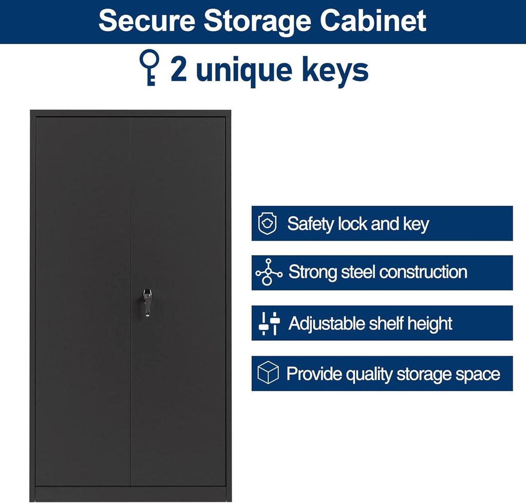Black 71" Lockable Metal Storage Cabinet with Doors and Shelves W913