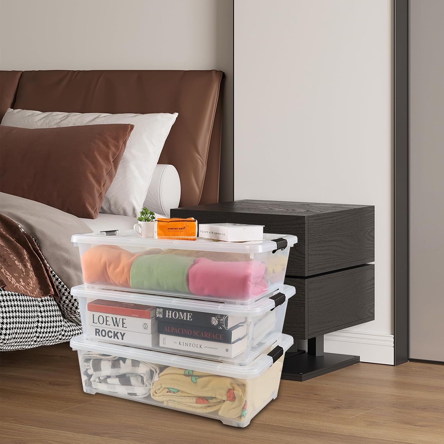 3 Packs Large Clear 50 L Plastic Under Bed Storage Container Bins with Wheels J92769