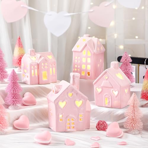 12 Pcs Pink Ceramic Village Decorations with Lighted House Figurines and Mini Pine Trees W3828