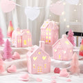 12 Pcs Pink Ceramic Village Decorations with Lighted House Figurines and Mini Pine Trees W3828