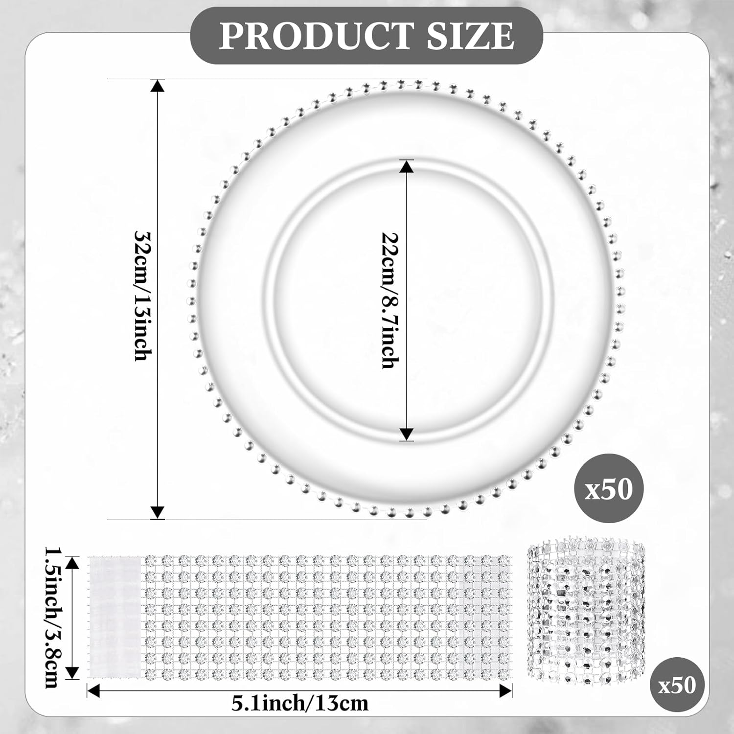 50 Pack Clear Plastic Charger Plates Set 13 Inch with Silver Beaded Rim P890304