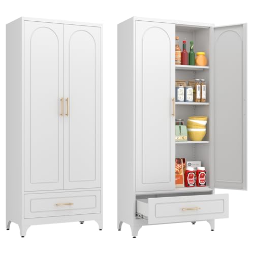 White 71 Inch Tall Metal Storage Cabinet with Doors and Shelves F714844