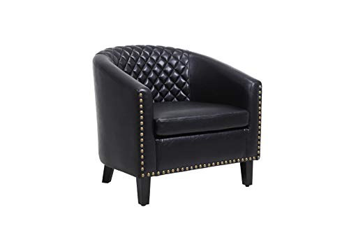 Black Leather Barrel Chair with Nail Head and Wood Legs H1717