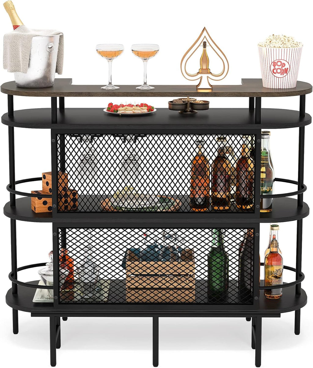 Black and Walnut 4 Tier Bar Cabinet with Storage Shelves F7515