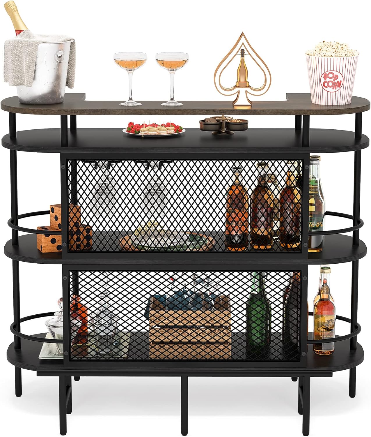 Black and Walnut 4 Tier Bar Cabinet with Storage Shelves F7515