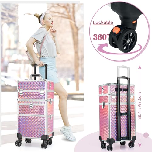 Rolling Makeup Train Case with 360° Swivel Wheels Keys V164