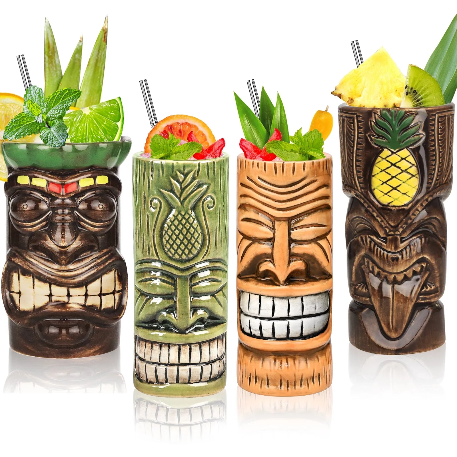 Set of 4 Ceramic Tiki Mugs D419
