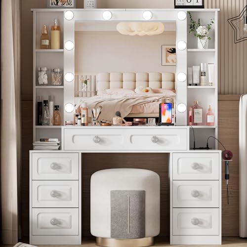 White Vanity Desk with Lighted Mirror and Drawers P341093