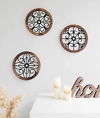 3 Pack Rustic Round Wall Art Geometric Scrolled Metal with Wooden Frame J61694
