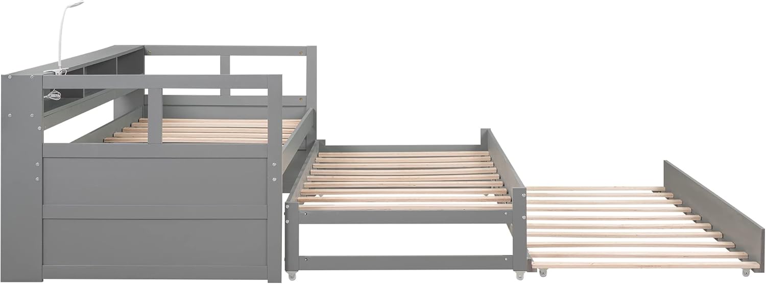 Gray Twin XL Wood Platform Daybed with 2 Trundle Beds and Storage Headboard U643767