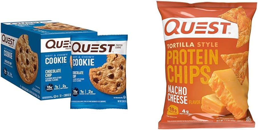Chocolate Chip Protein Cookie 12 Count & Tortilla Style Protein Chips Nacho Cheese 1.1 Ounce Pack of 12 N76932