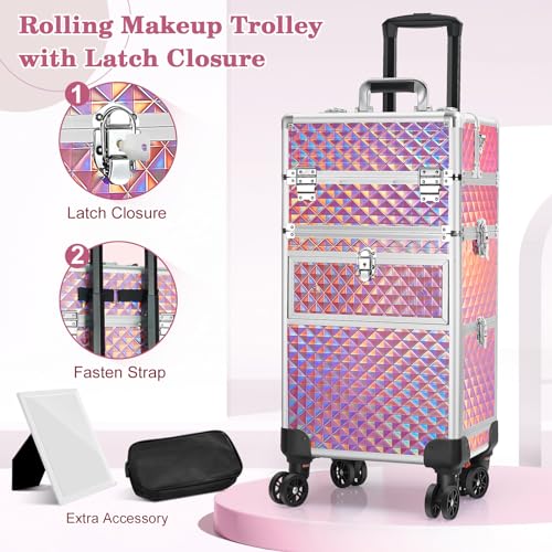 Rolling Makeup Train Case with 360° Swivel Wheels Keys V164