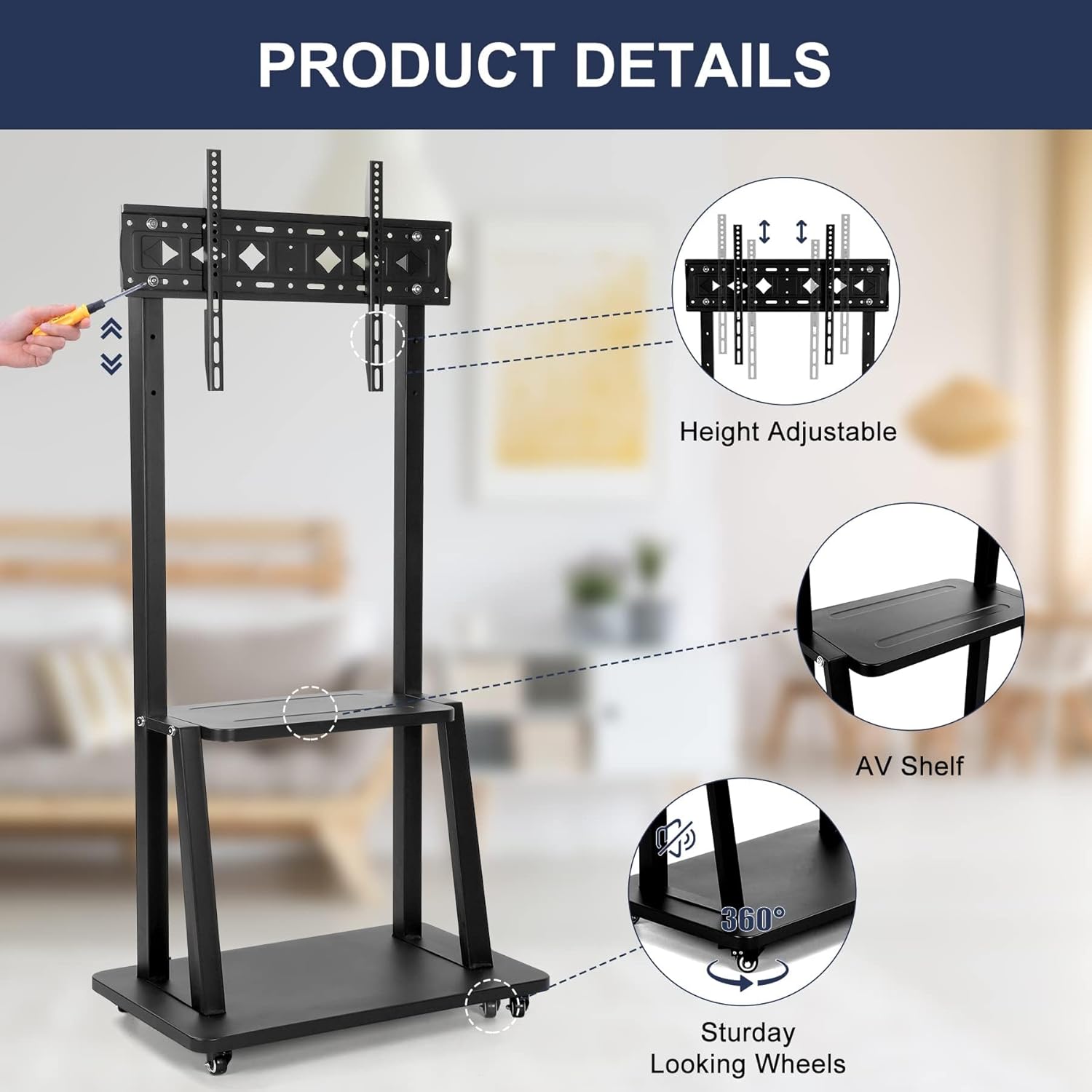 Mobile TV Cart Rolling Floor Stand for 32-75 Inch LCD LED OLED Flat Panel Screens with Shelf W5491