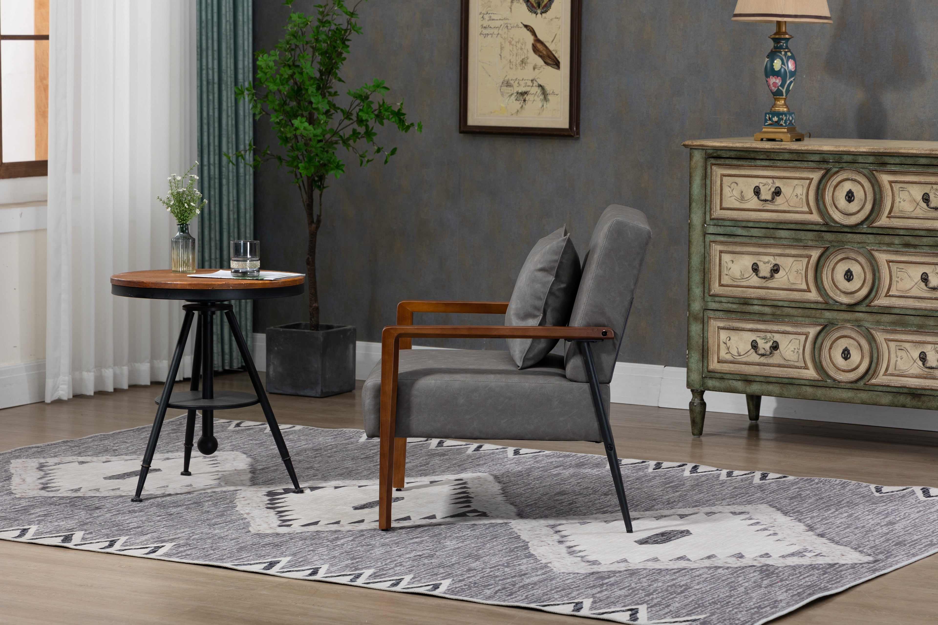 Brown Leather Armchair with Solid Wood Armrest and Removable Cushions A331