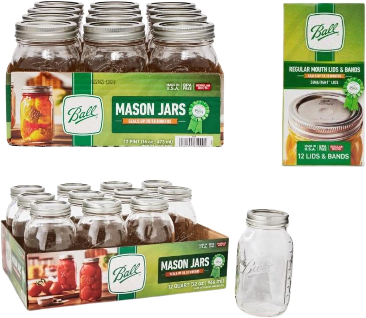 12 Pint 16 oz + 12 Quart 32 oz Glass Mason Jars with Lids and Bands Y56981