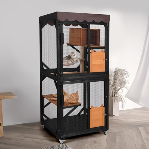 Grey Cat Enclosure with Wheels and Waterproof Roof W902