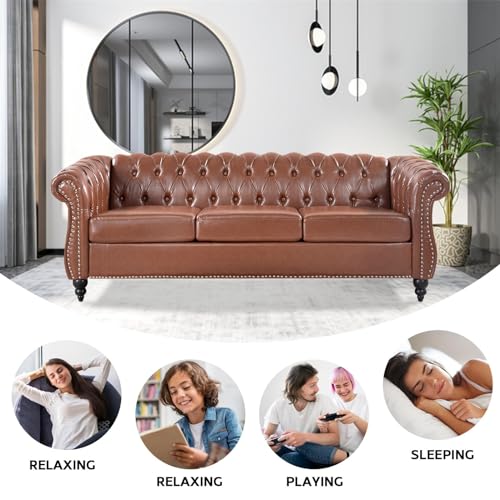 Black Faux Leather 3-seater 84in Sofa with Rolled Arm and Buttoned Chesterfield Z39955