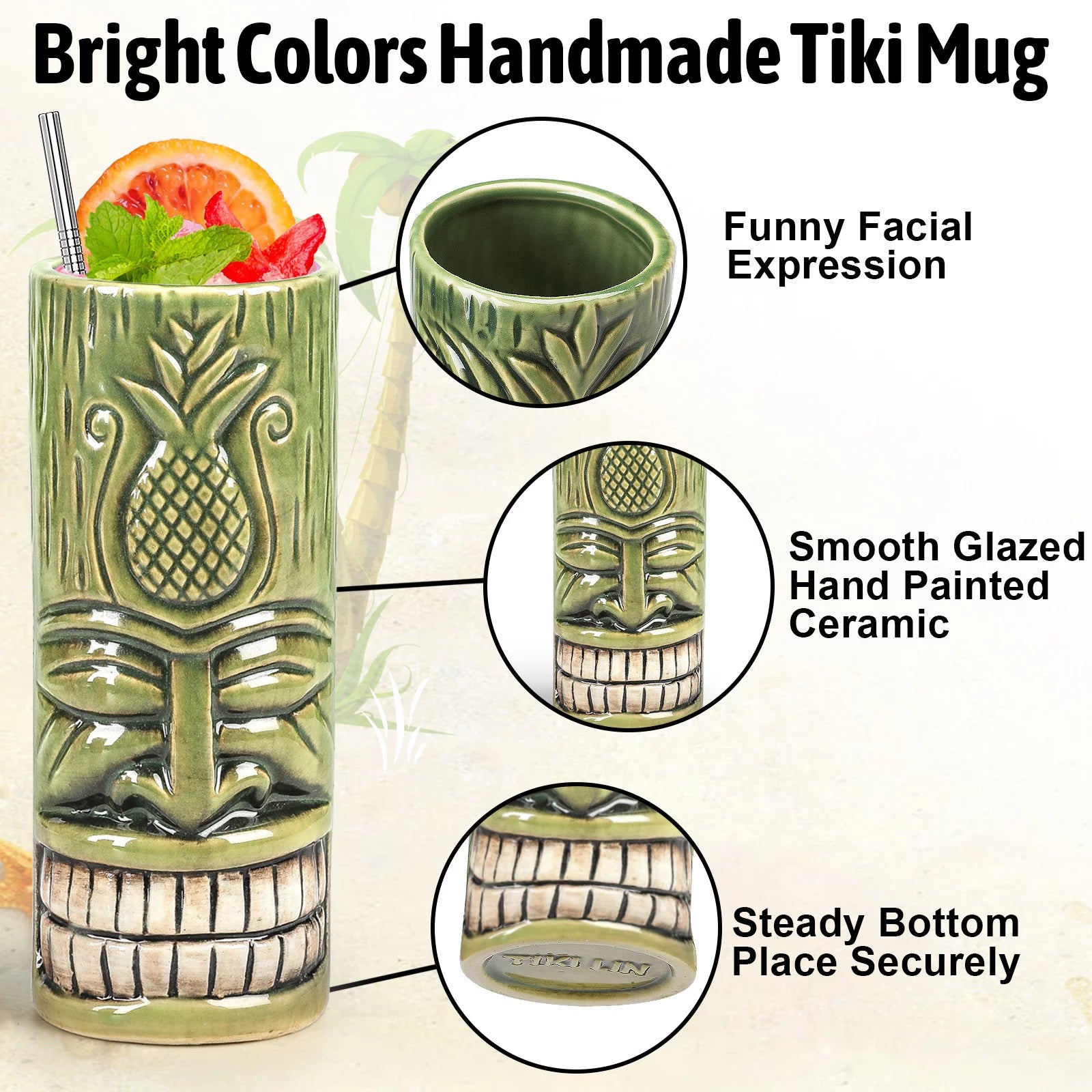 Set of 4 Ceramic Tiki Mugs D419