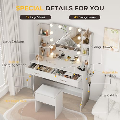 White Vanity Desk with LED Mirror and 2 Drawers P4118