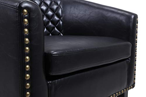Black Leather Barrel Chair with Nail Head and Wood Legs H1717